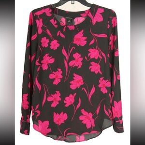 Banana Republic Women’s Blouse Small Black Pink Floral Long Sleeve Pullover
